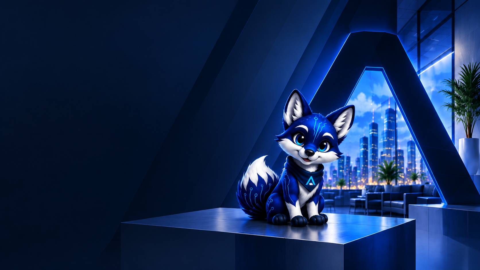 Mascota ArdabyTec en escena futurista con vista a la ciudad